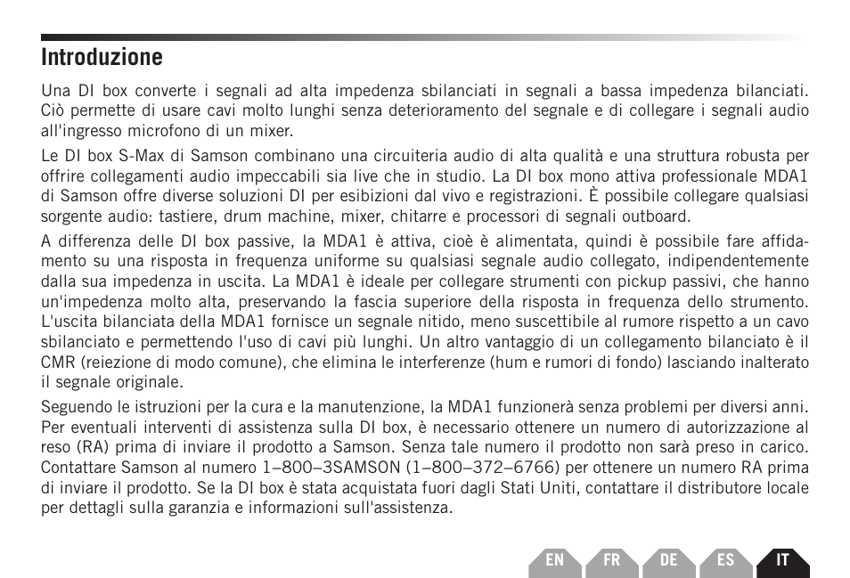 Introduzione | Samson S-MAX MDA1 Single-Channel Active Direct Box User Manual | Page 27 / 32