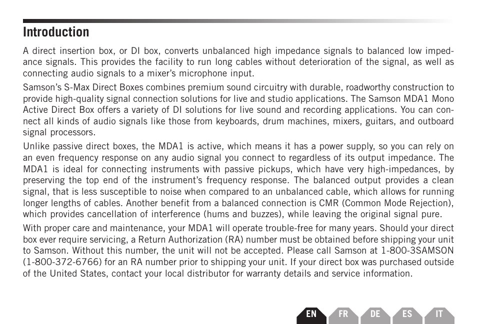 Introduction | Samson S-MAX MDA1 Single-Channel Active Direct Box User Manual | Page 3 / 32
