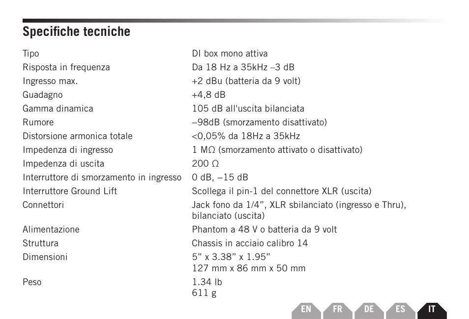 Specifiche tecniche | Samson S-MAX MDA1 Single-Channel Active Direct Box User Manual | Page 31 / 32