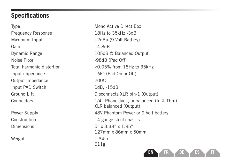 Specifications | Samson S-MAX MDA1 Single-Channel Active Direct Box User Manual | Page 7 / 32