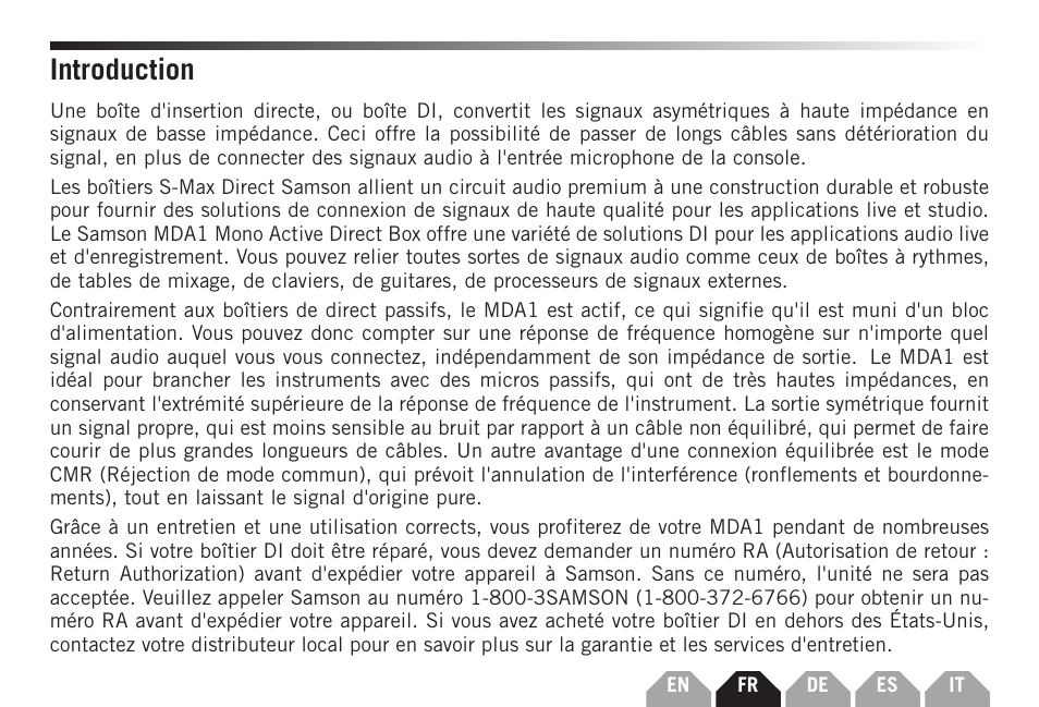 Introduction | Samson S-MAX MDA1 Single-Channel Active Direct Box User Manual | Page 9 / 32