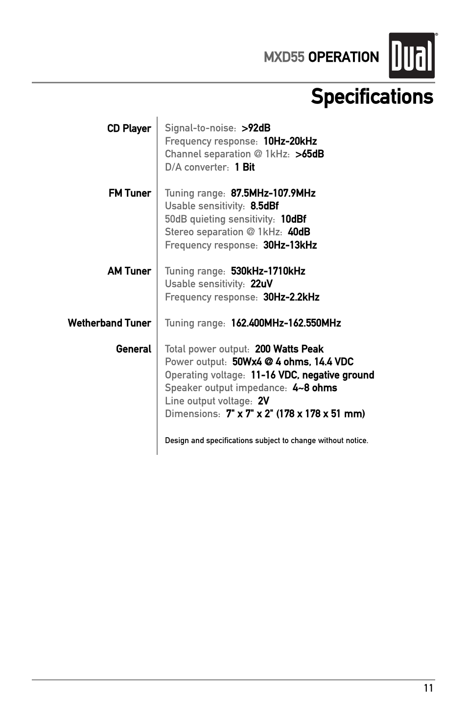 Specifications, Mxd55 operation | Dual MXD55 User Manual | Page 11 / 12