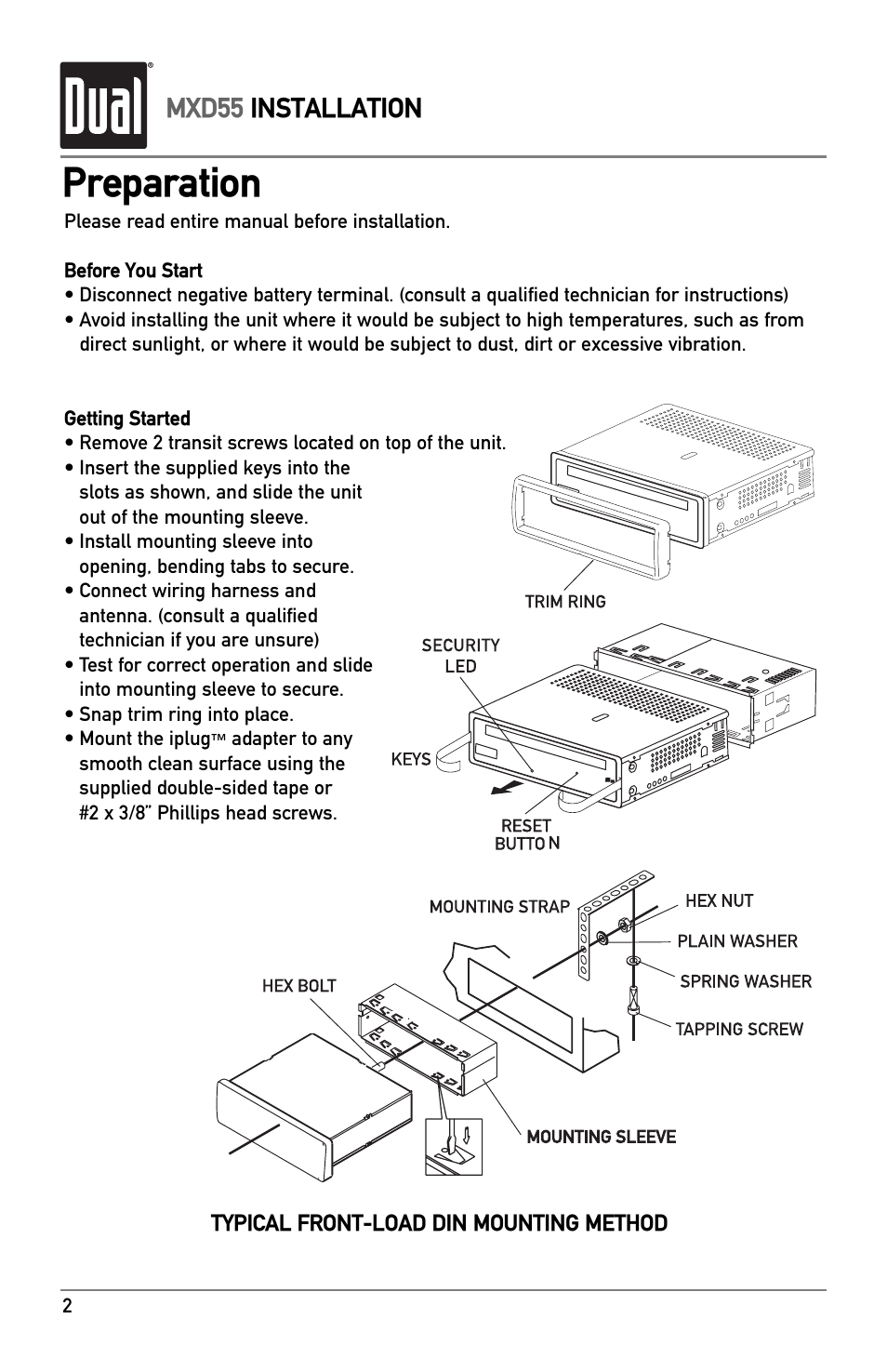 Preparation, Mxd55 installation | Dual MXD55 User Manual | Page 2 / 12