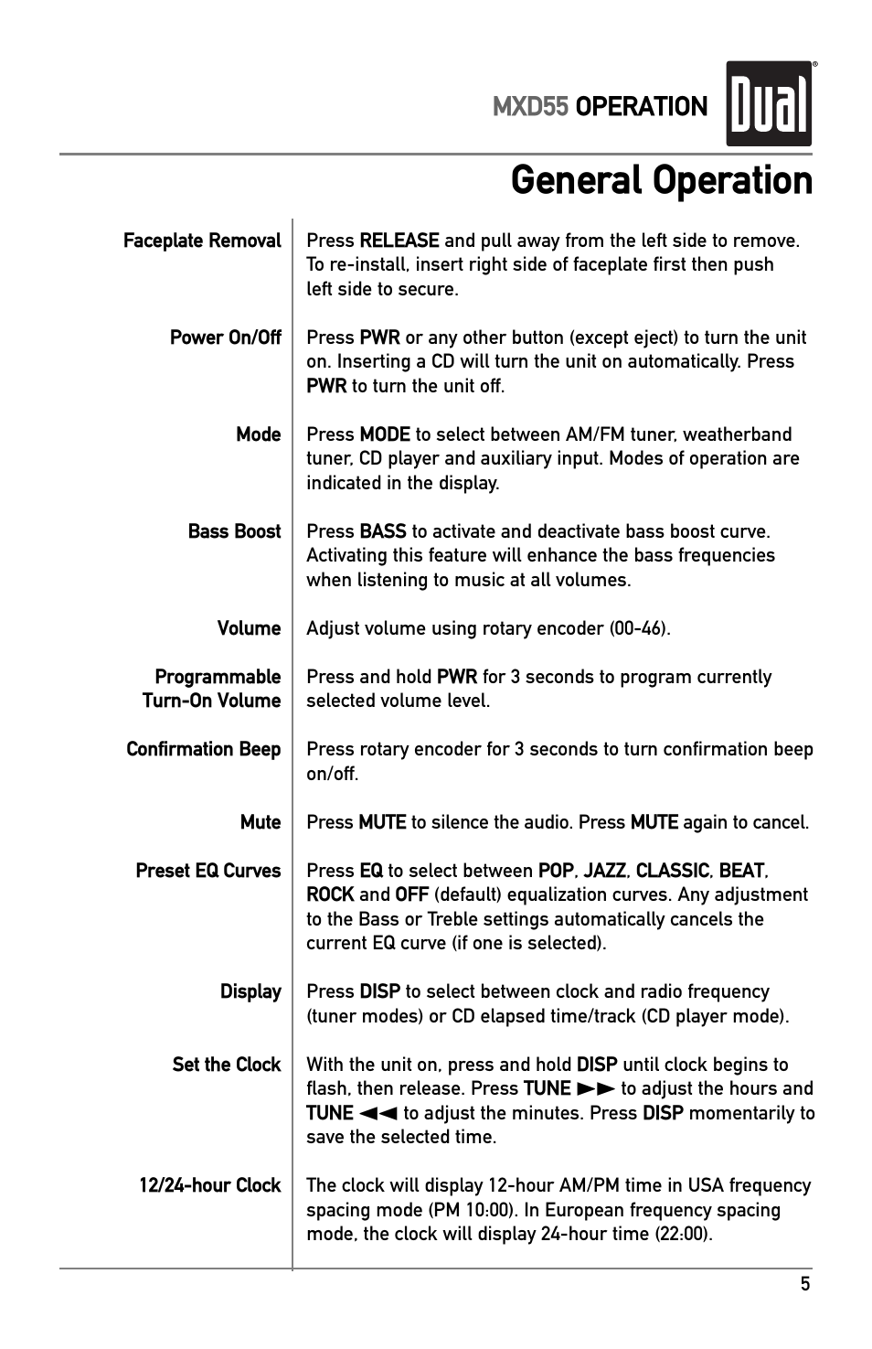 General operation, Mxd55 operation | Dual MXD55 User Manual | Page 5 / 12