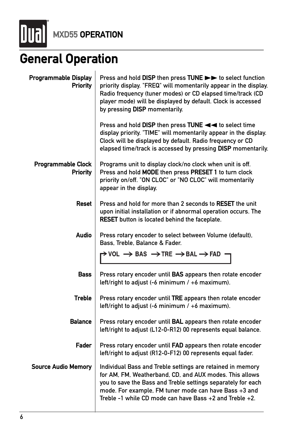 General operation, Mxd55 operation | Dual MXD55 User Manual | Page 6 / 12