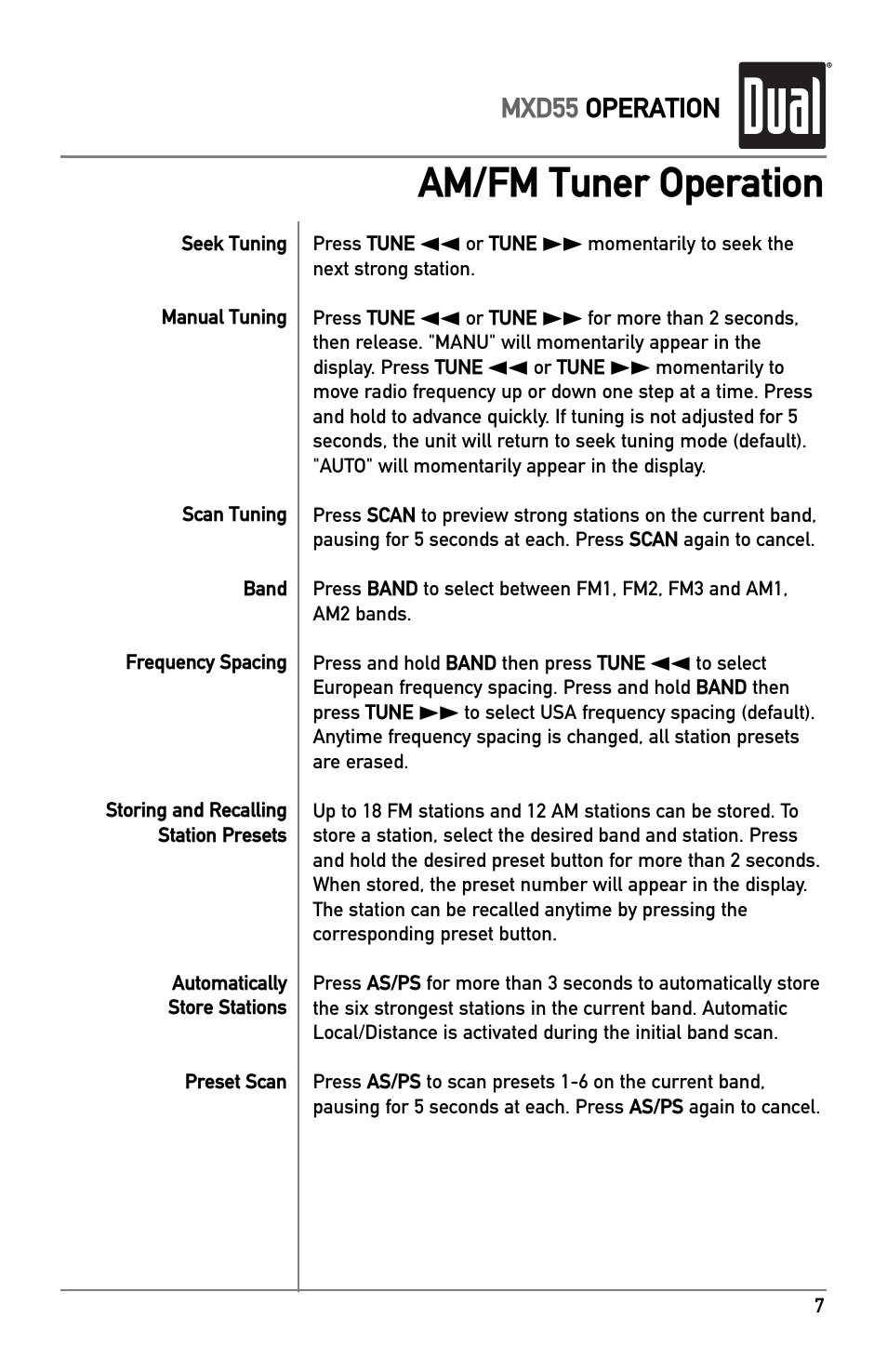 Am/fm tuner operation | Dual MXD55 User Manual | Page 7 / 12
