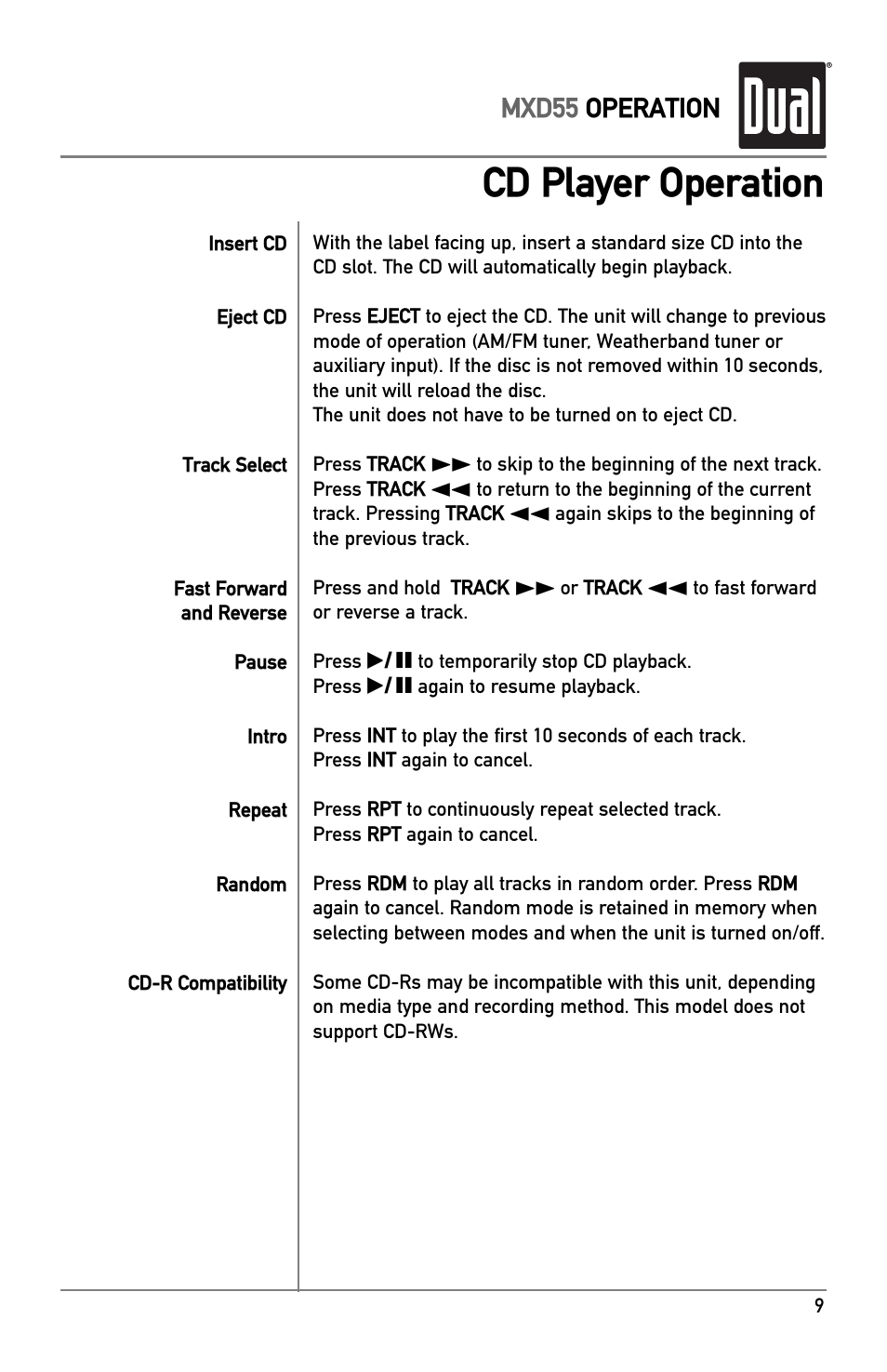 Cd player operation | Dual MXD55 User Manual | Page 9 / 12