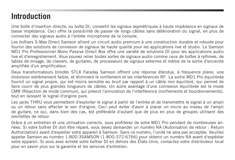 Introduction | Samson S-MAX MD1 Pro Single Channel Passive Direct Box User Manual | Page 10 / 36