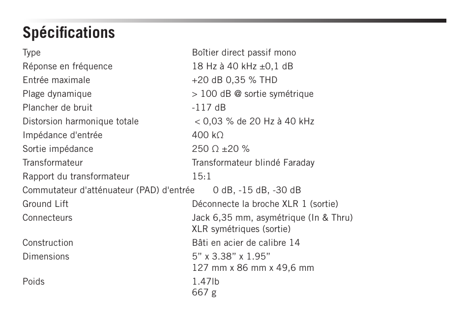 Spécifications | Samson S-MAX MD1 Pro Single Channel Passive Direct Box User Manual | Page 14 / 36