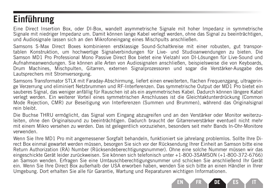 Einführung | Samson S-MAX MD1 Pro Single Channel Passive Direct Box User Manual | Page 17 / 36