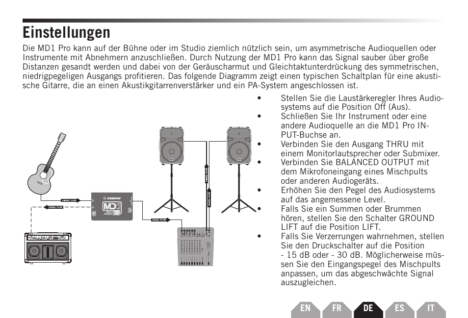 Einstellungen | Samson S-MAX MD1 Pro Single Channel Passive Direct Box User Manual | Page 19 / 36