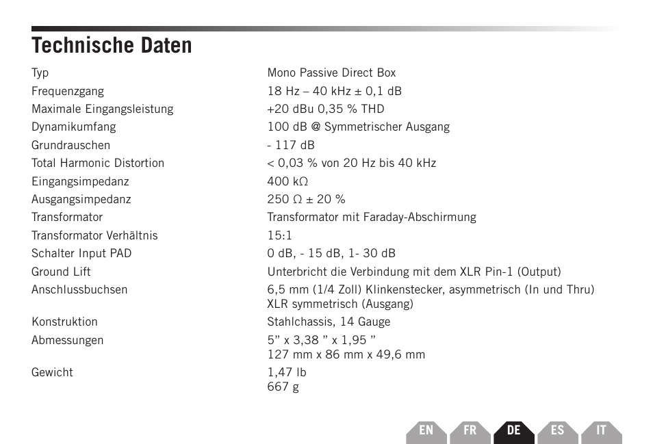 Technische daten | Samson S-MAX MD1 Pro Single Channel Passive Direct Box User Manual | Page 21 / 36