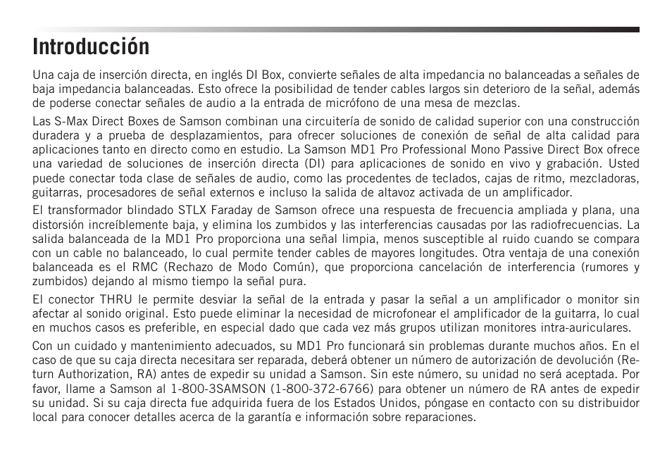 Introducción | Samson S-MAX MD1 Pro Single Channel Passive Direct Box User Manual | Page 24 / 36
