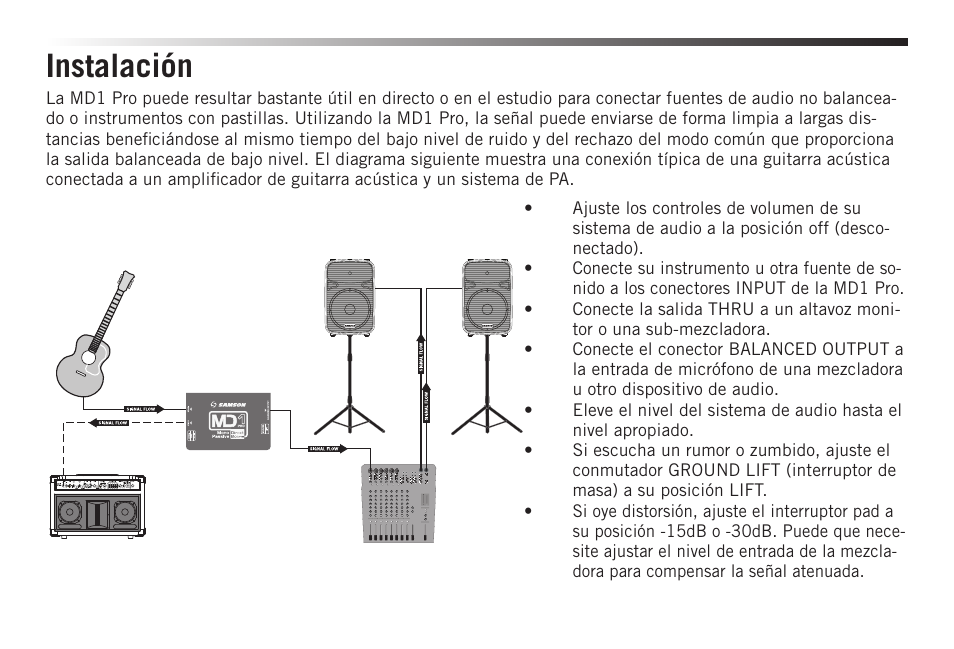 Instalación | Samson S-MAX MD1 Pro Single Channel Passive Direct Box User Manual | Page 26 / 36