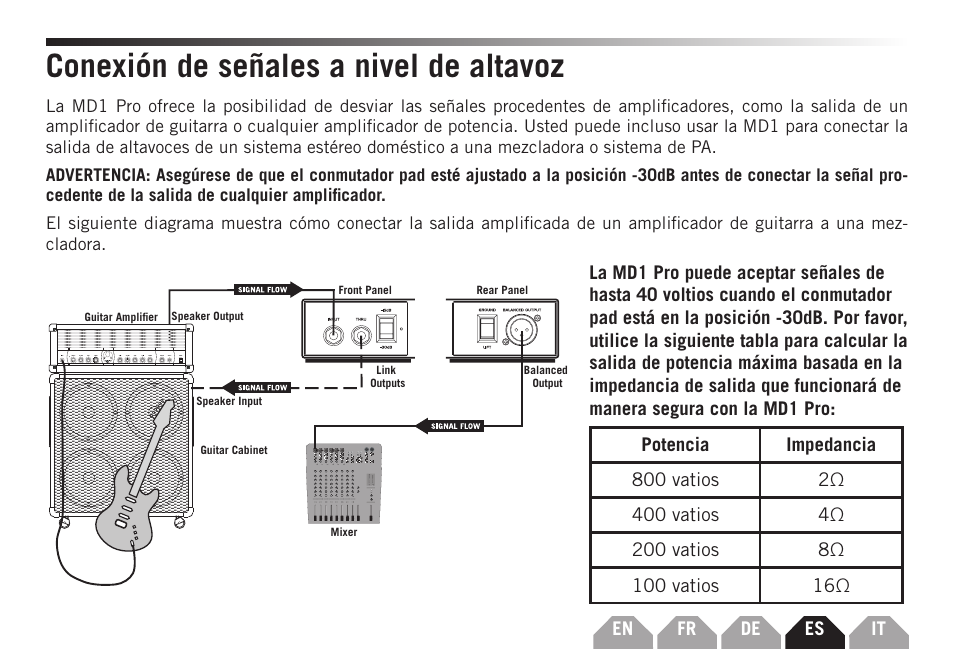 Conexión de señales a nivel de altavoz | Samson S-MAX MD1 Pro Single Channel Passive Direct Box User Manual | Page 27 / 36