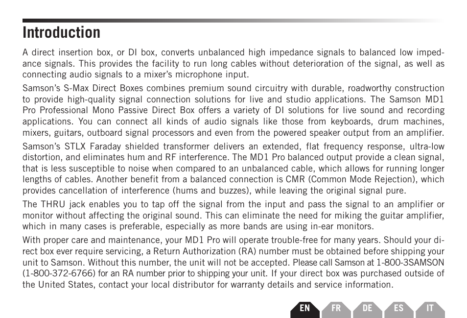 Introduction | Samson S-MAX MD1 Pro Single Channel Passive Direct Box User Manual | Page 3 / 36