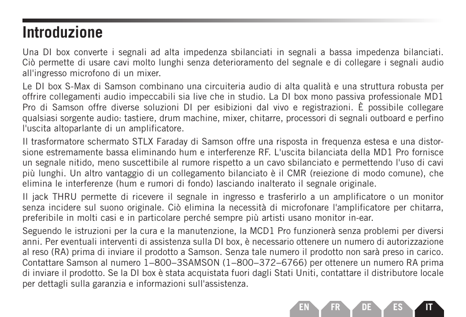 Introduzione | Samson S-MAX MD1 Pro Single Channel Passive Direct Box User Manual | Page 31 / 36