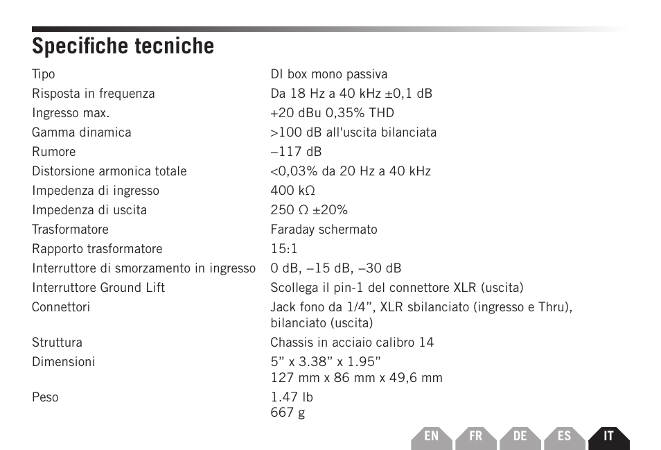Specifiche tecniche | Samson S-MAX MD1 Pro Single Channel Passive Direct Box User Manual | Page 35 / 36