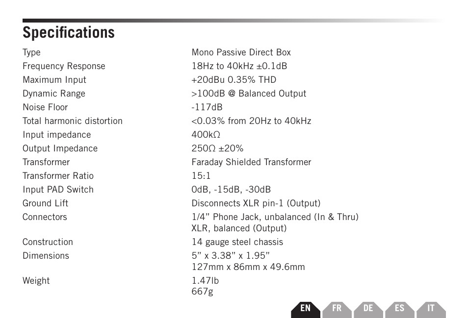 Specifications | Samson S-MAX MD1 Pro Single Channel Passive Direct Box User Manual | Page 7 / 36