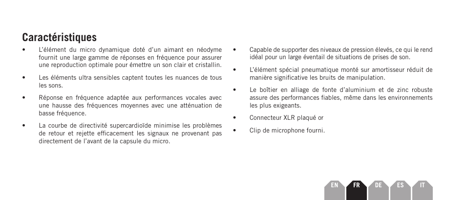 Caractéristiques | Samson Q7x Dynamic Supercardioid Handheld Microphone User Manual | Page 11 / 44