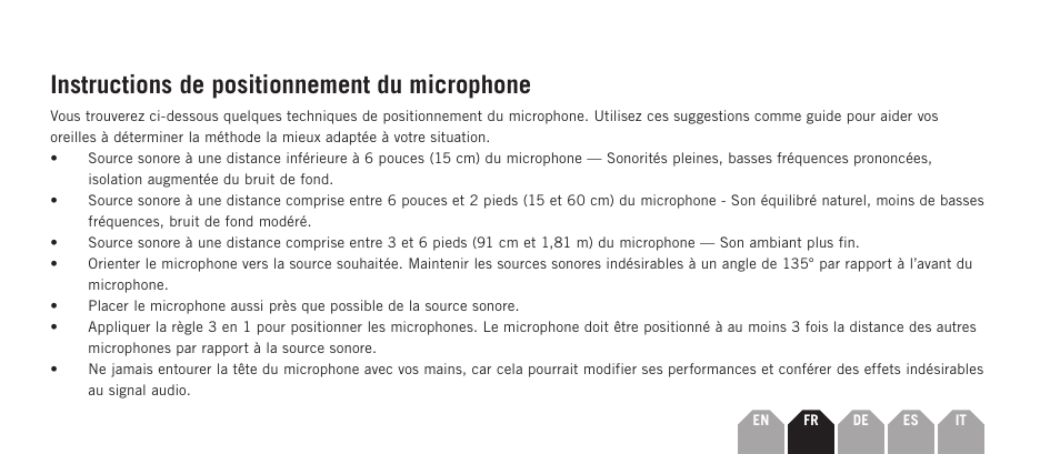 Instructions de positionnement du microphone | Samson Q7x Dynamic Supercardioid Handheld Microphone User Manual | Page 13 / 44