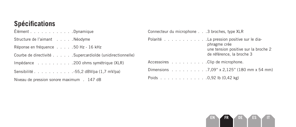 Spécifications | Samson Q7x Dynamic Supercardioid Handheld Microphone User Manual | Page 17 / 44