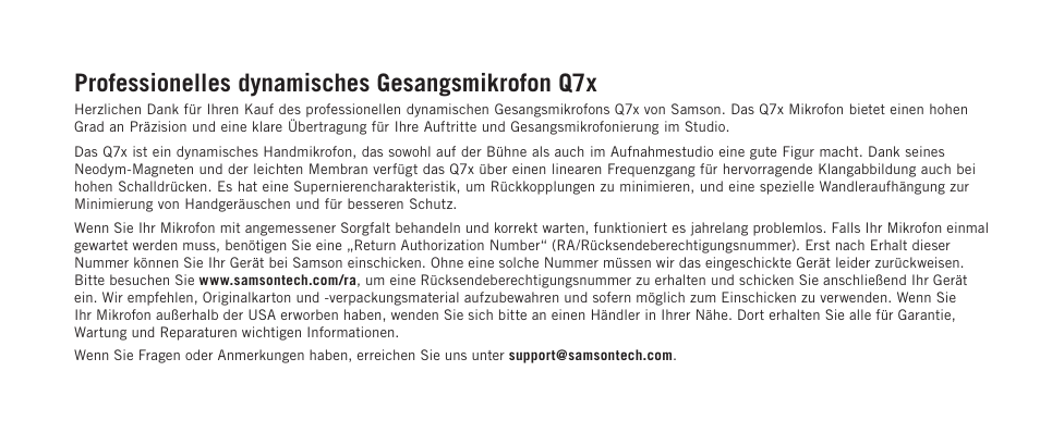 Professionelles dynamisches gesangsmikrofon q7x | Samson Q7x Dynamic Supercardioid Handheld Microphone User Manual | Page 18 / 44