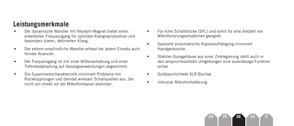 Leistungsmerkmale | Samson Q7x Dynamic Supercardioid Handheld Microphone User Manual | Page 19 / 44