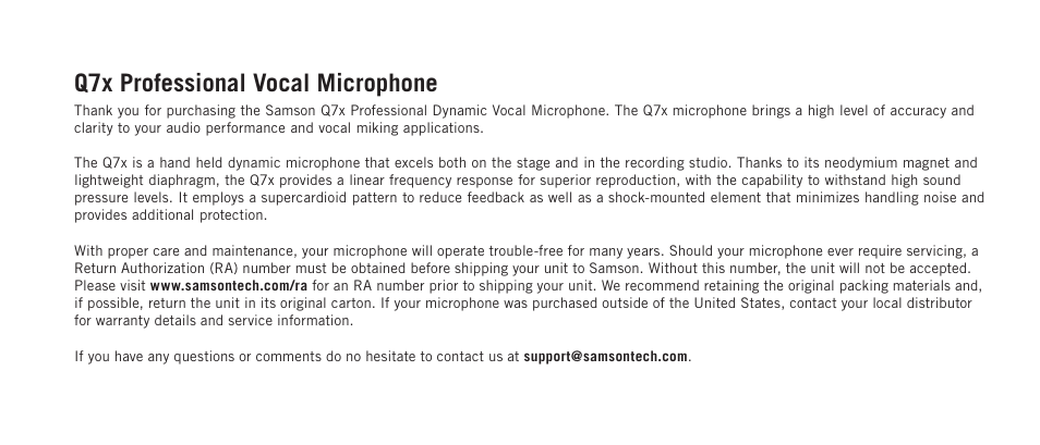 Q7x professional vocal microphone | Samson Q7x Dynamic Supercardioid Handheld Microphone User Manual | Page 2 / 44
