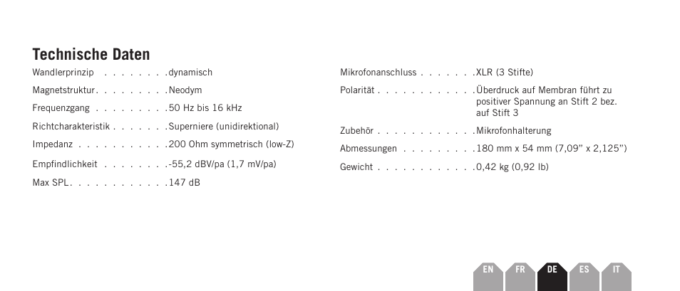 Technische daten | Samson Q7x Dynamic Supercardioid Handheld Microphone User Manual | Page 25 / 44