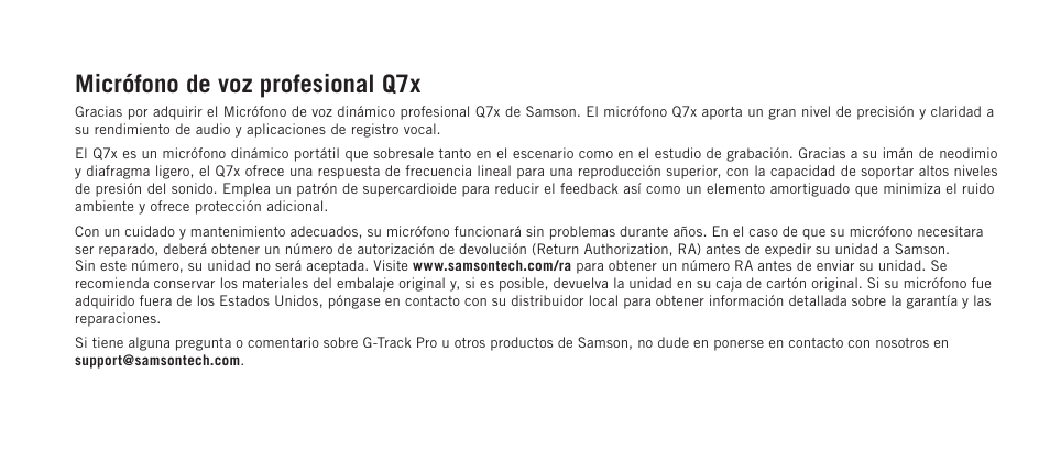 Micrófono de voz profesional q7x | Samson Q7x Dynamic Supercardioid Handheld Microphone User Manual | Page 26 / 44