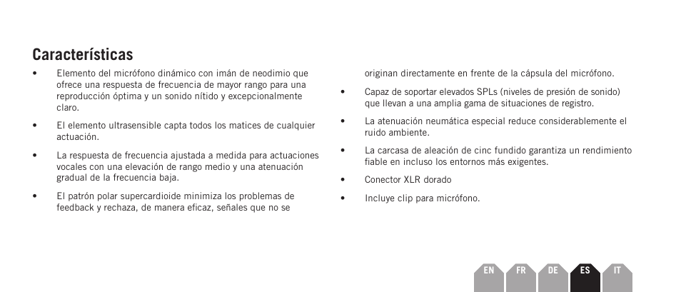 Características | Samson Q7x Dynamic Supercardioid Handheld Microphone User Manual | Page 27 / 44