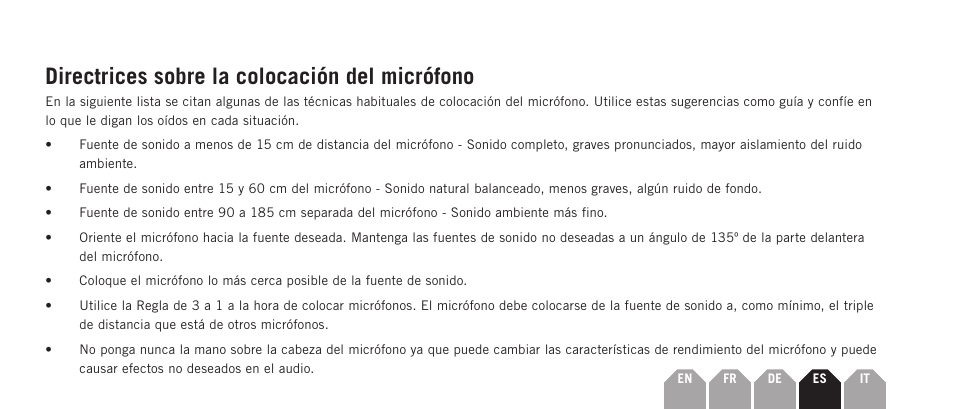 Directrices sobre la colocación del micrófono | Samson Q7x Dynamic Supercardioid Handheld Microphone User Manual | Page 29 / 44