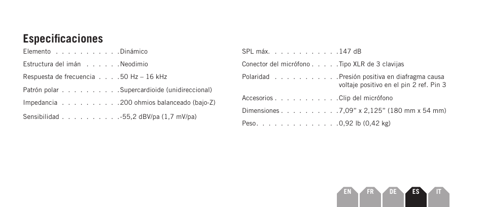 Especificaciones | Samson Q7x Dynamic Supercardioid Handheld Microphone User Manual | Page 33 / 44