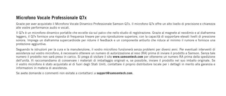 Microfono vocale professionale q7x | Samson Q7x Dynamic Supercardioid Handheld Microphone User Manual | Page 34 / 44