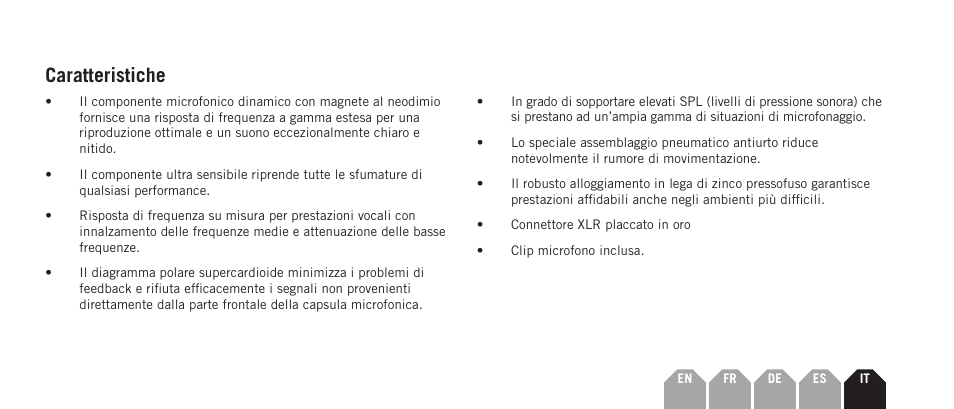 Caratteristiche | Samson Q7x Dynamic Supercardioid Handheld Microphone User Manual | Page 35 / 44