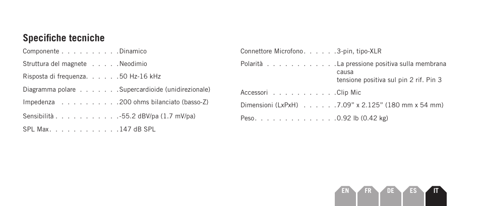 Specifiche tecniche | Samson Q7x Dynamic Supercardioid Handheld Microphone User Manual | Page 41 / 44