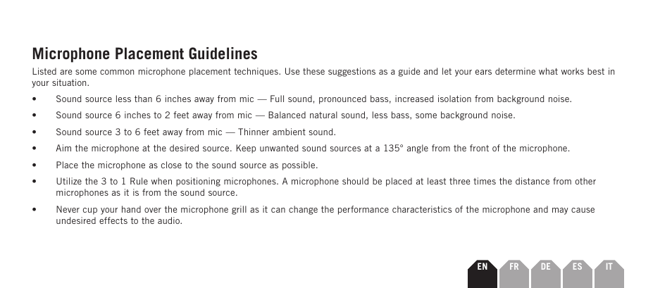 Microphone placement guidelines | Samson Q7x Dynamic Supercardioid Handheld Microphone User Manual | Page 5 / 44