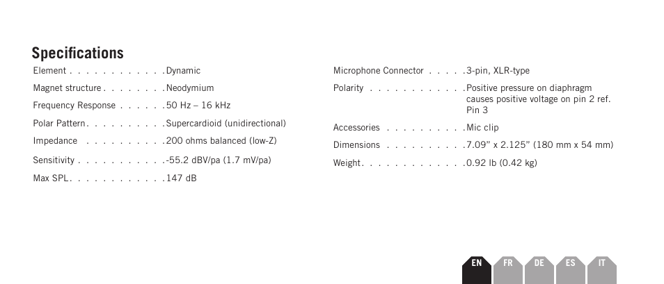 Specifications | Samson Q7x Dynamic Supercardioid Handheld Microphone User Manual | Page 9 / 44