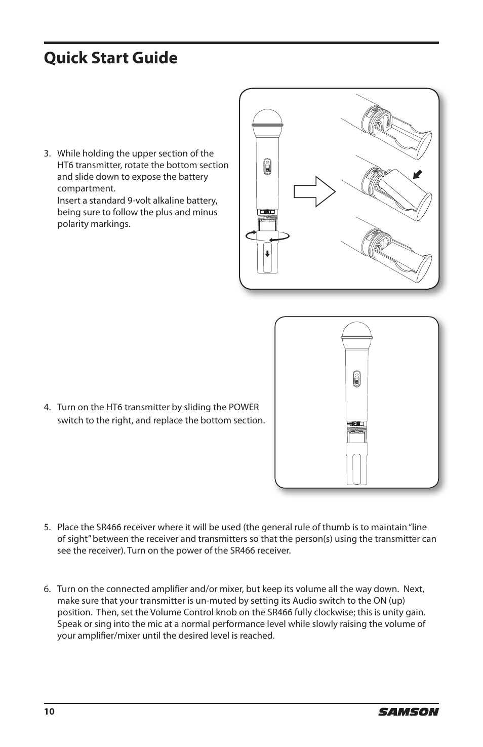 Quick start guide | Samson HT6 Wireless Handheld Microphone Transmitter (Channel 11) User Manual | Page 10 / 64