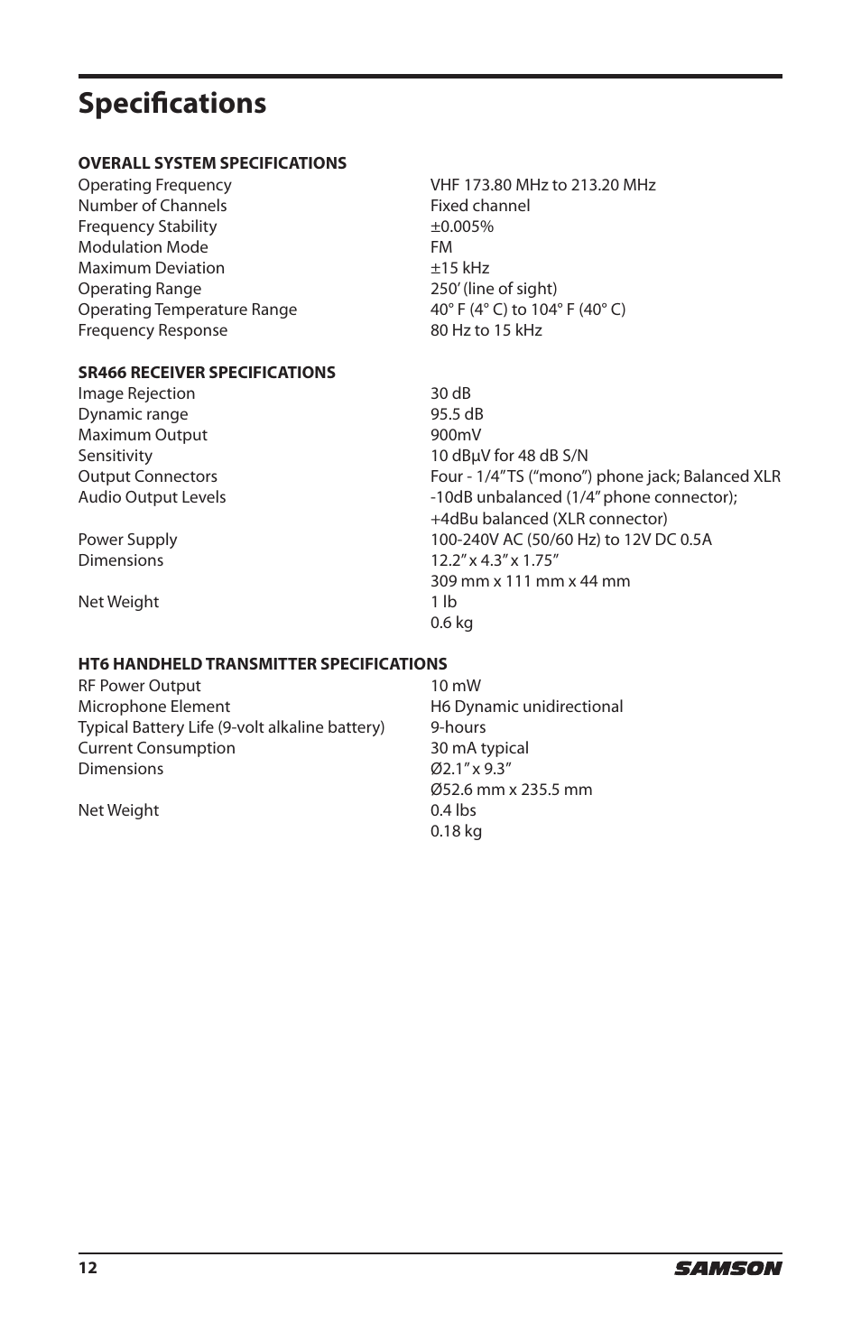 Specifications | Samson HT6 Wireless Handheld Microphone Transmitter (Channel 11) User Manual | Page 12 / 64