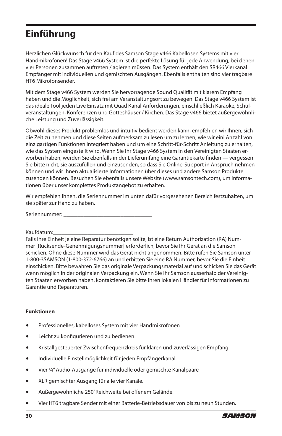 Einführung | Samson HT6 Wireless Handheld Microphone Transmitter (Channel 11) User Manual | Page 30 / 64