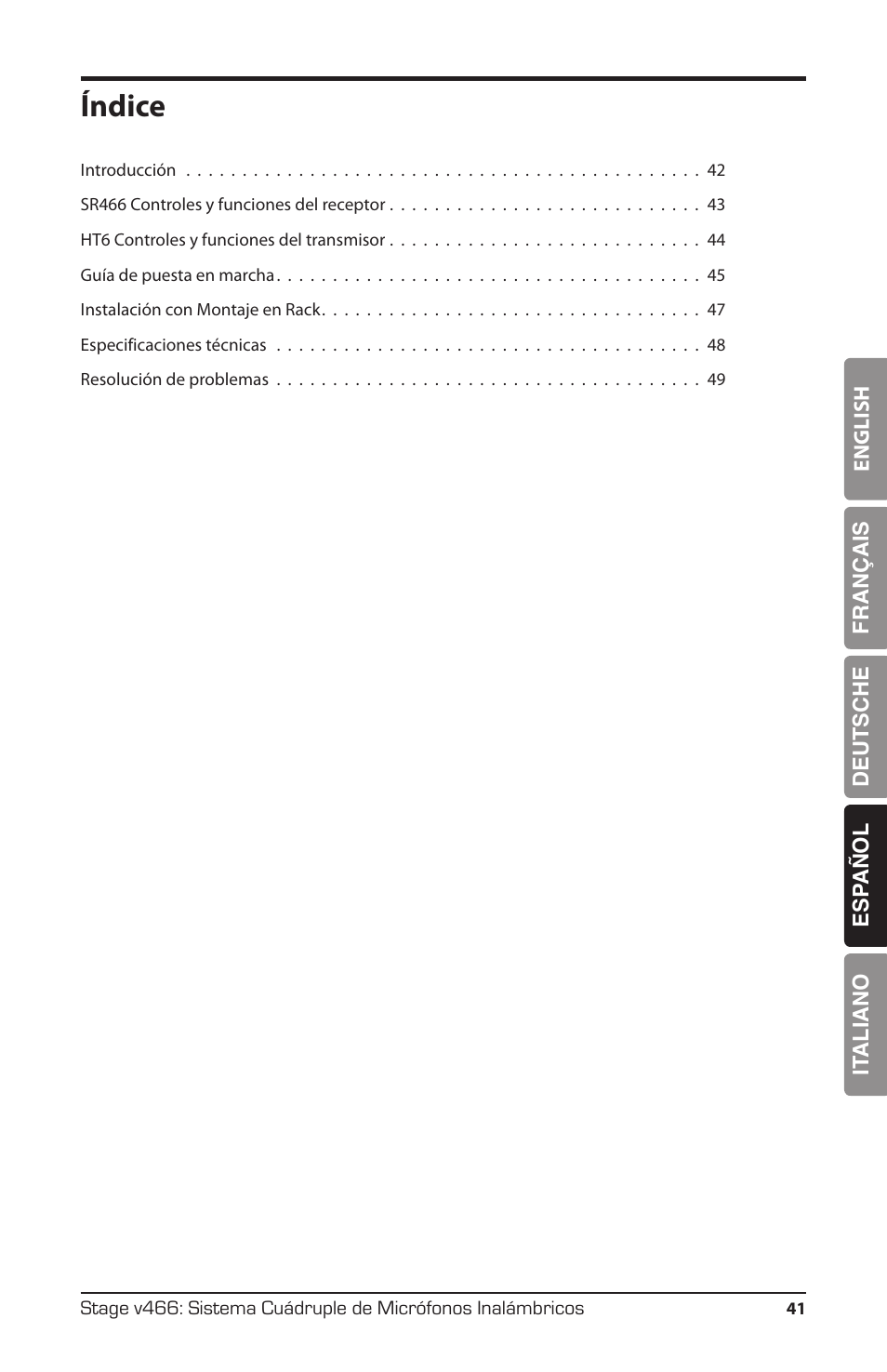 Índice | Samson HT6 Wireless Handheld Microphone Transmitter (Channel 11) User Manual | Page 41 / 64