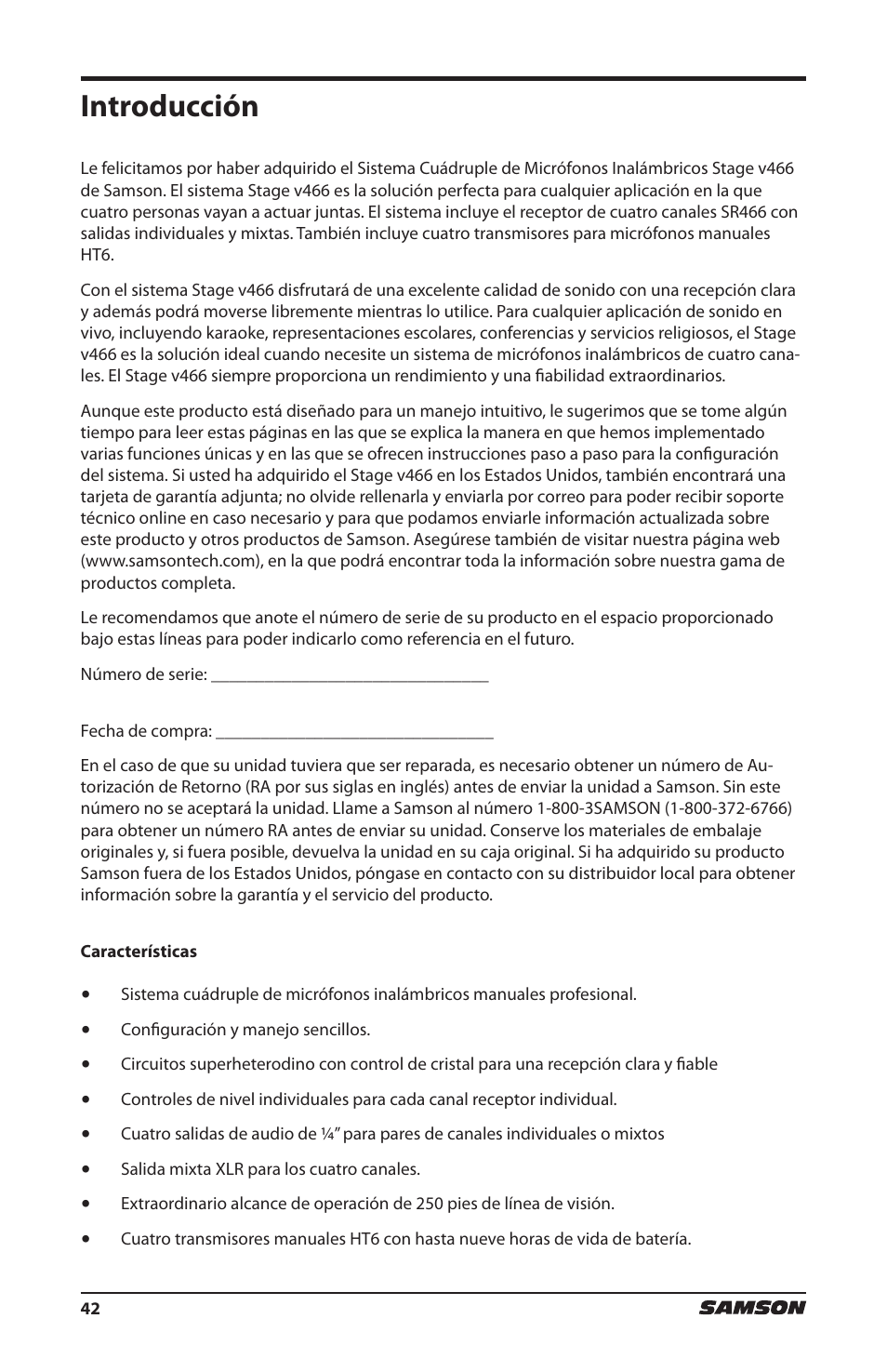 Introducción | Samson HT6 Wireless Handheld Microphone Transmitter (Channel 11) User Manual | Page 42 / 64