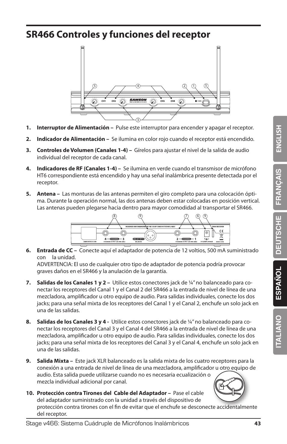 Sr466 controles y funciones del receptor, English français deutsche esp añol it aliano | Samson HT6 Wireless Handheld Microphone Transmitter (Channel 11) User Manual | Page 43 / 64