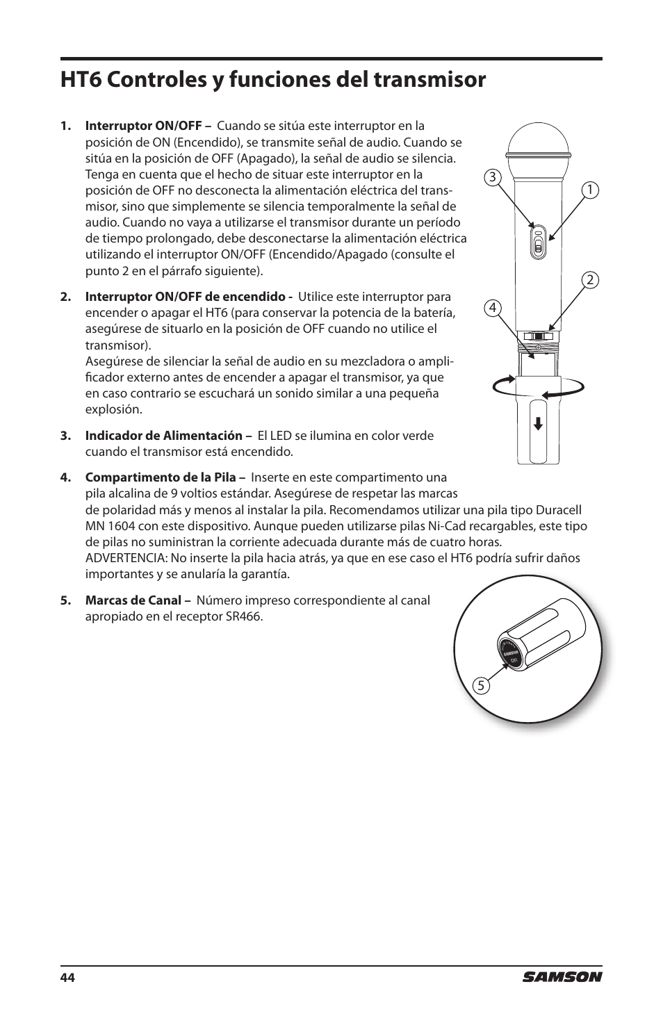 Ht6 controles y funciones del transmisor | Samson HT6 Wireless Handheld Microphone Transmitter (Channel 11) User Manual | Page 44 / 64