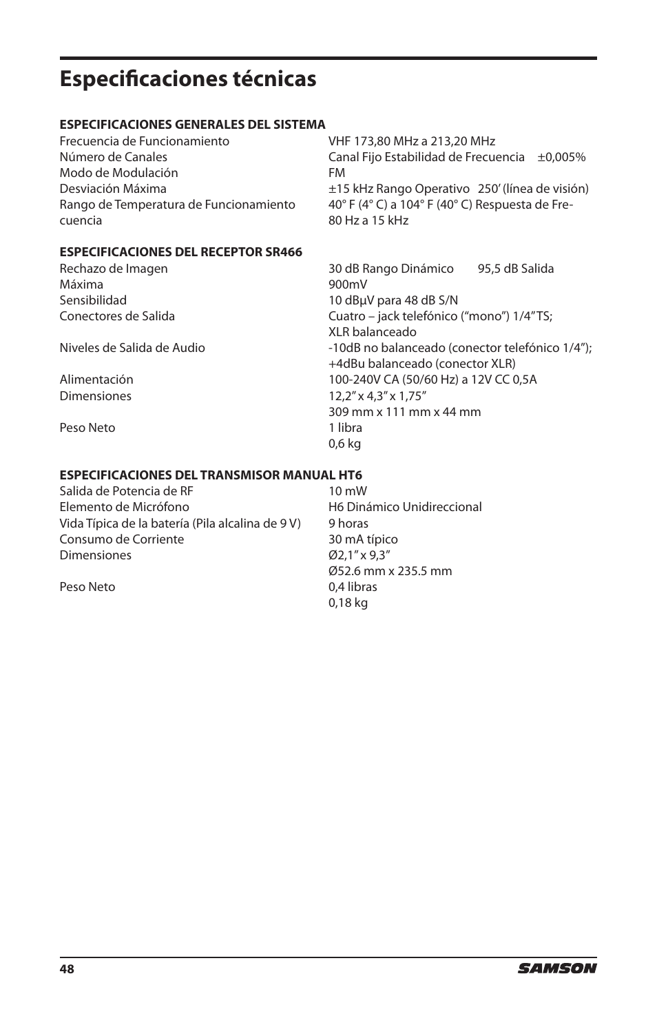 Especificaciones técnicas | Samson HT6 Wireless Handheld Microphone Transmitter (Channel 11) User Manual | Page 48 / 64
