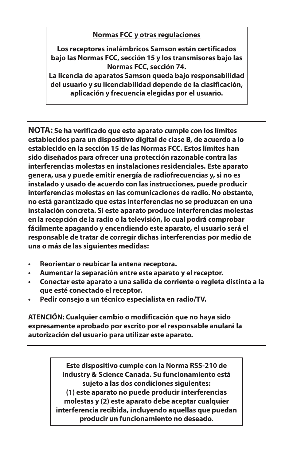 Nota | Samson HT6 Wireless Handheld Microphone Transmitter (Channel 11) User Manual | Page 50 / 64