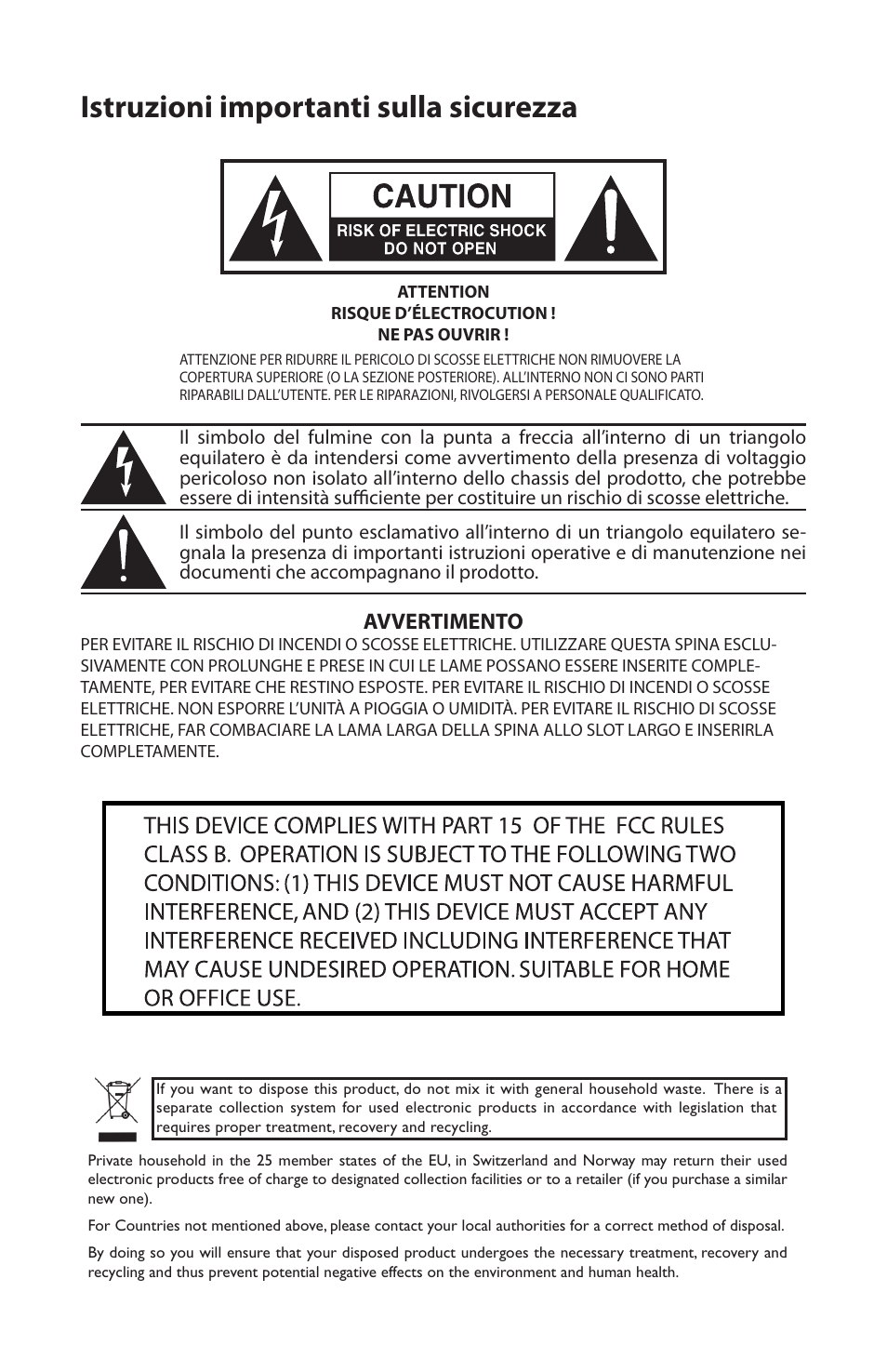 Istruzioni importanti sulla sicurezza, Avvertimento | Samson HT6 Wireless Handheld Microphone Transmitter (Channel 11) User Manual | Page 51 / 64