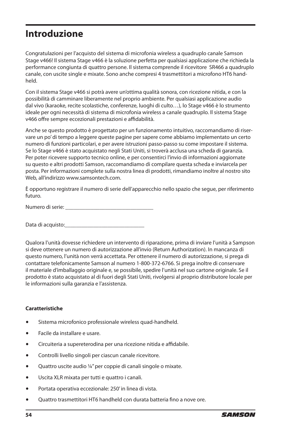Introduzione | Samson HT6 Wireless Handheld Microphone Transmitter (Channel 11) User Manual | Page 54 / 64